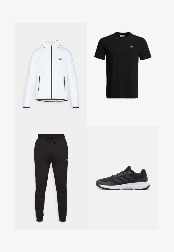 Balta jaka ar kapuci, melna rāvējslēdzēja un akcentu krāsa, divas sānu kabatas ar rāvējslēdzējiem un "BOSS" logotips uz krūtīm. Gluda, viegla auduma.; Melna kokvilnas T-krekls ar apaļu kakla izgriezumu, īsām piedurknēm un mazu zaļu krokodila logotipu kreisajā krūtī. Gluda tekstūra, ikdienišķs dizains.; Björn Borg ESSENTIAL PANTS - Treniņtērpa apakšdaļas - black beauty; Melna sporta apavi ar teksturētu virsu, trim horizontālām svītrām un baltu zoli ar rakstainu protektoru. Viegls un plūstošs dizains.