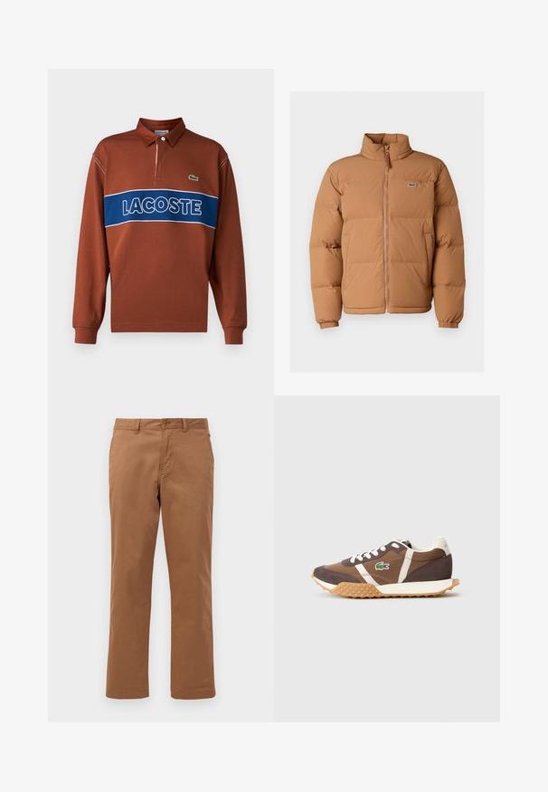 Rudas pūkinis džemperis su aukštu apykaklę, priekiniais užtrauktukais ir elastinėmis rankovėmis. Kairėje krūtinės pusėje yra mažas žalias logotipas. Skaidri tekstūra.; Ilgųjų rankovių polo marškiniai rudi su mėlyna horizontalia juostele, ant kurios yra balti "LACOSTE" užrašai. Su apykakle ir žalia logotipo detale.; Rudi medvilniniai kelnių tiesaus kirpimo, su mygtuku ir priekinių kišenių. Lygus paviršius ir tvarkingas apdailos sprendimas.; Rudos sportbačiai su baltais akcentais, pagaminti iš zomšos ir tekstilės. Turi tekstūruotą gumos padą ir Lacoste logotipą šone.