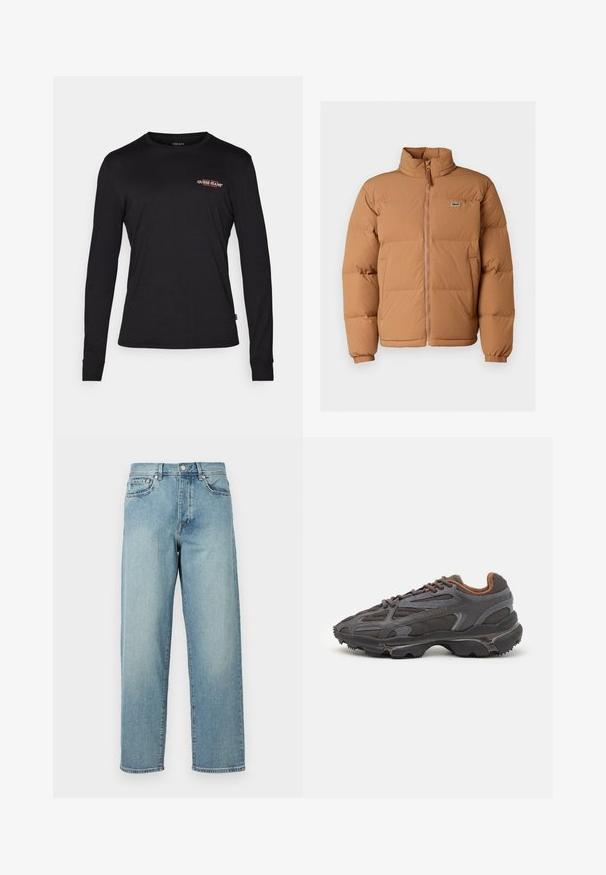 Barna puffernadrág magas gallérral, elülső zipzárral és rugalmas mandzsettával. Bal mellen egy kis zöld logó található. Simas felület.; Fekete, hosszú ujjú pamut póló. Bal oldalon, a mellkas területén egy kis piros és fehér "Guess Jeans" logó található. Karcsú szabású.; Világoskék farmernadrág laza szabással, egyenes lábakkal, öt zsebes dizájnnal és gombos derékkal. Minimalista varrási részletek.; Sötét szürke Lacoste sportcipők hálós és szintetikus anyagból, textúrázott talppal és barna díszítésekkel a nyak részen és a logón.