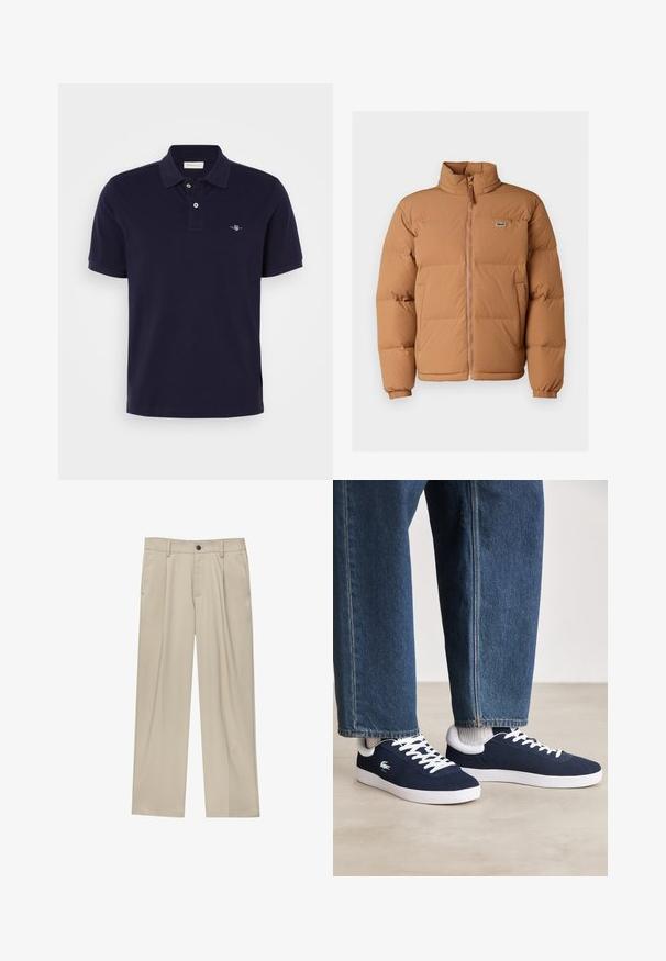 Barna puffernadrág magas gallérral, elülső zipzárral és rugalmas mandzsettával. Bal mellen egy kis zöld logó található. Simas felület.; Kék póló, pamutból készült, klasszikus gallérral, két gombos, rövid ujjú, és egy kis hímzett logóval a mellkasán.; Beige egyenes szárú nadrág, egy fekete gombbal, övhurkokkal és oldalzsebekkel. Sima szövettextúra és minimális design.; Kék vászon sportcipők fehér fűzőkkel és gumis talppal, farmernadrággal és szürke bordás zoknikkal együtt bemutatva, világosszürke felületen.