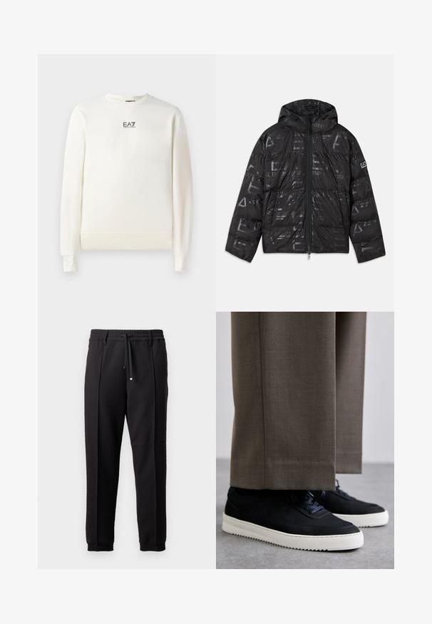 Fekete puffer kabát fényes, mintás felülettel. Elülső cipzárral, állítható kapucnival és logóval díszített ujjal rendelkezik.; Fehér, puha anyagból készült pulóver, kerek nyakkivágással. Hosszú ujjakkal rendelkezik, és egy kis EA7 logó található a mellkasán. Rugalmas mandzsetták és alj.; Fekete nadrág derékpánttal, húzózsinórral és rugalmas mandzsettákkal. Jellemző rá a pliszírozás és a sima, textúrált anyag.; Fekete velúr sportcipők fehér gumitalppal, kerek orrú, fűzős kialakítással, szürke, szabott nadrággal párosítva.
