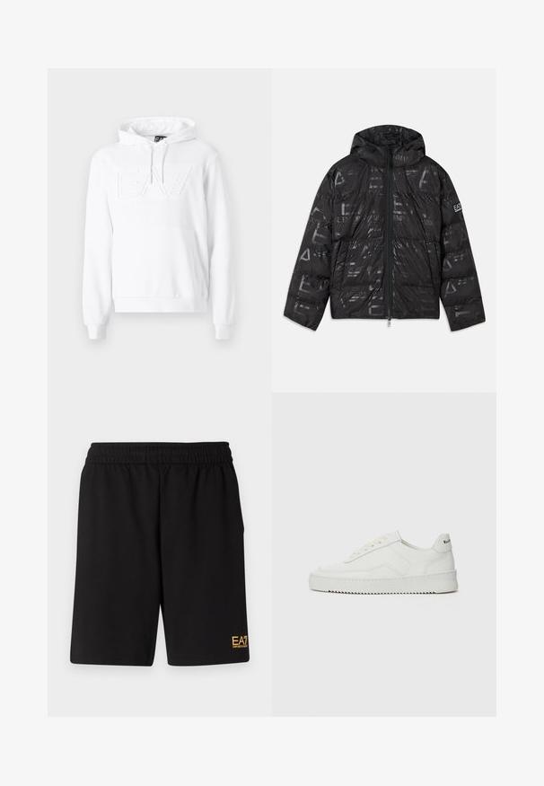 Juodas pūkinis švarkas su blizgiu, raštuotu paviršiumi. turi priekines užtrauktuką, reguliuojamą kapučą ir logotipo akcentus ant rankovės.; Balta pasišalimo striukė su dideliu, iškilnios EA7 logotipu, kengūros kišene, reguliuojamais raišteliais kapuce ir raukšlėtomis rankovėmis bei apačia. Minkšta medžiaga.; Juoda sportinė šortai, pagaminti iš minkštos medžiagos, su elastingu diržu ir maža geltona EA7 logo apatinėje kairėje kojoje.; Balti odiniai sportiniai bateliai su lygia apdaila, apvaliu pirštu, plokščiais raišteliais ir tekstūruotu padu. Pasižymi subtiliu logotipu ant kulno.
