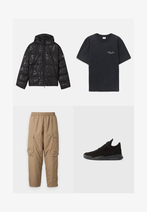 Μαύρο πλάγιο μπουφάν με γυαλιστερή, μοτίβο υφή. Διαθέτει μπροστινό φερμουάρ, κουκούλα με κορδόνι και λογότυπο στα μανίκια.; Μαύρο κοντό μανίκι μπλουζάκι με λαιμόκοψη τύπου crew με λευκό λογότυπο "Filling Pieces" στο αριστερό στήθος.; Κάμελ παντελόνια cargo με ελαστική μέση, δύο πλευρικές τσέπες cargo, ελαφρύ, υφασμάτινο υλικό και άνετη εφαρμογή με στενεμένες αστραγάλες.; Μαύρο σουέτ αθλητικό παπούτσι με χαμηλό προφίλ, υφή στο επάνω μέρος, επίπεδα κορδόνια και συμπαγή καουτσούκ σόλα που διαθέτει ελαφρώς τακούνι και καμπυλωτό σχέδιο.