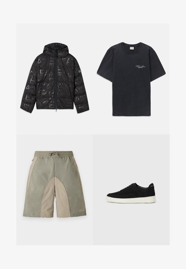 Svart jakke med pufferdesign og blank, mønstrete overflate. Har en frontglidelås, snøring på hetten og logo detaljer på ermet.; Svart kortermet t-skjorte med rund hals og liten hvit "Filling Pieces" tekstlogo på venstre bryst.; Lettvektsshorts med elastisk midje og en blanding av olivengrønne og beige paneler, samt en teksturert overflate.; Svart semsket sneakers med snøring og kontrasterende hvit gummisåle. Har teksturerte sidepaneler og subtil merkevare på hælen.