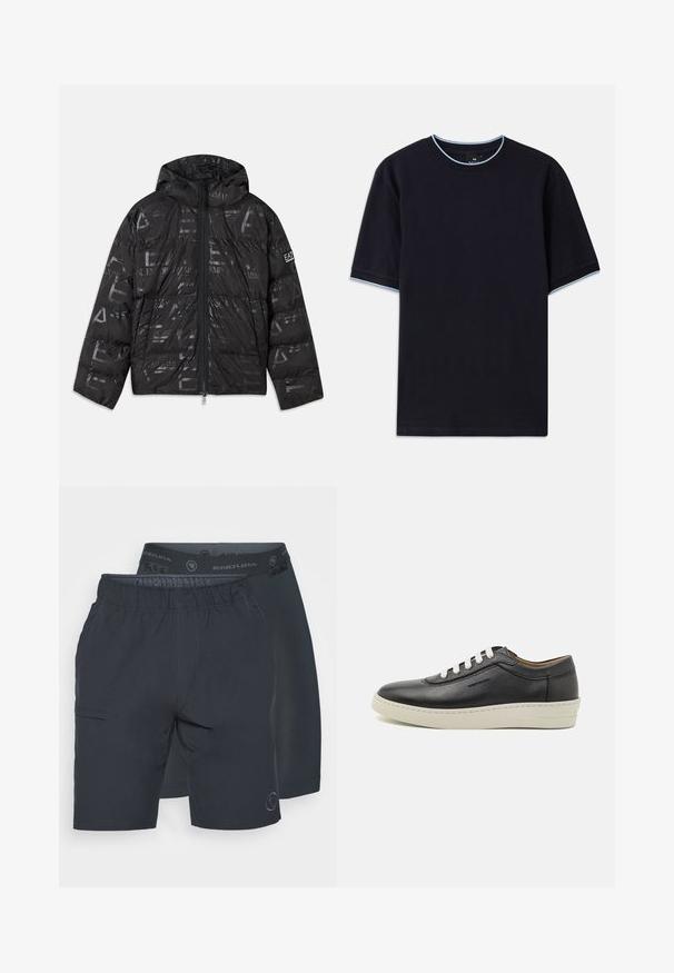 Svart puffjacka med en blank, mönstrad yta. Har en framsida med dragkedja, justerbar huva och logotypdetaljer på ärmen.; Mörkblå t-shirt med kort ärm och rund halsringning, med ljusblå detaljer vid kragen och ärmarna. Tillverkad av mjukt bomullstyg.; Två par mörkblå shorts sida vid sida. Det ena har resårmidja med logotyper, medan det andra har en ficka på sidan.; Svart läder sneakers med en vit gummisula, rund tå och platta snören, med sidostygn och subtil branding.