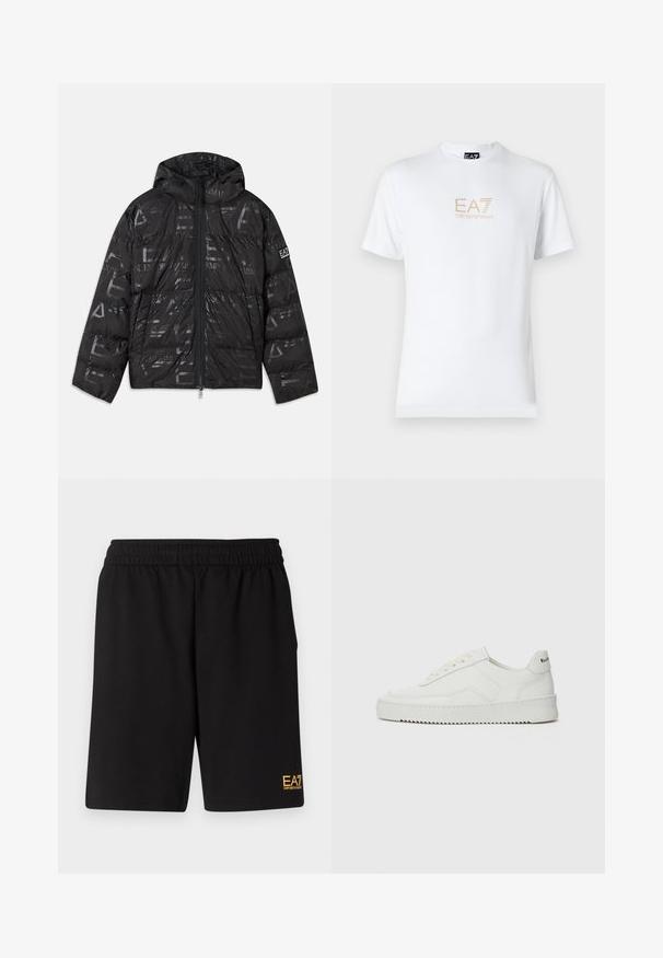 Fekete puffer kabát fényes, mintás felülettel. Elülső cipzárral, állítható kapucnival és logóval díszített ujjal rendelkezik.; Fehér pamut póló, kerek nyakkivágással és rövid ujjakkal, az elején arany EA7 Emporio Armani logóval nyomtatva.; Fekete sportnadrág puha anyagból, rugalmas derékkal és egy kis sárga EA7 logóval a bal alsó lábszáron.; Fehér bőr sportcipő sima felülettel, kerek orral, lapos fűzőkkel és texturált talppal. Finom logó található a sarokon.