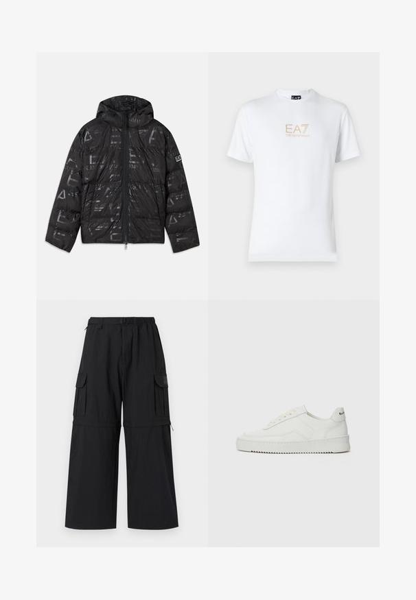 Mustat puffatakkia, jossa on kiiltävä, kuvioitu pinta. Varustettu vetoketjulla edessä, kiristettävällä hupulla ja logovärihtöillä hihaosassa.; Valkoinen puuvillapaita, jossa on pyöreä kaula-aukko ja lyhyet hihansuut. Paidassa on etupuolella kultainen EA7 Emporio Armani -logo.; Mustat cargo-housut leveillä lahkeilla, joustavalla vyötäröllä ja useilla sivutaskuilla. Valmistettu kevyestä kankaasta, jolla on sileä pinta.; Valkoinen nahkakenkä, jossa on sileä pinta, pyöreä kärki, tasaiset nauhat ja teksturoitu pohja. Sisältää huomaamattoman logon kantapäässä.