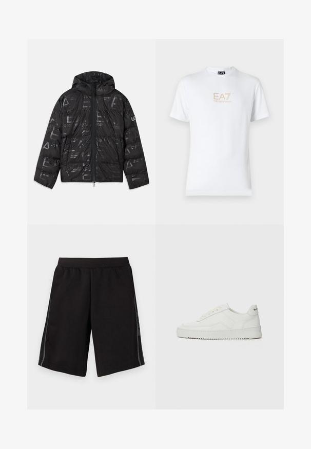 Giacca a vento nera con finitura lucida e motivo a trama. Presenta una cerniera frontale, cappuccio con cordino e dettagli con logo sulla manica.; T-shirt bianco in cotone con scollatura rotonda e maniche corte, con il logo oro EA7 Emporio Armani stampato sul fronte.; Pantaloni sportivi neri con cintura elastica, dotati di pannelli in rete laterali e di un logo sulla gamba sinistra. Texture del tessuto liscia.; Sneaker in pelle bianca con una finitura liscia, punta rotonda, lacci piatti e suola testurizzata. Presenta un logo discreto sul tallone.