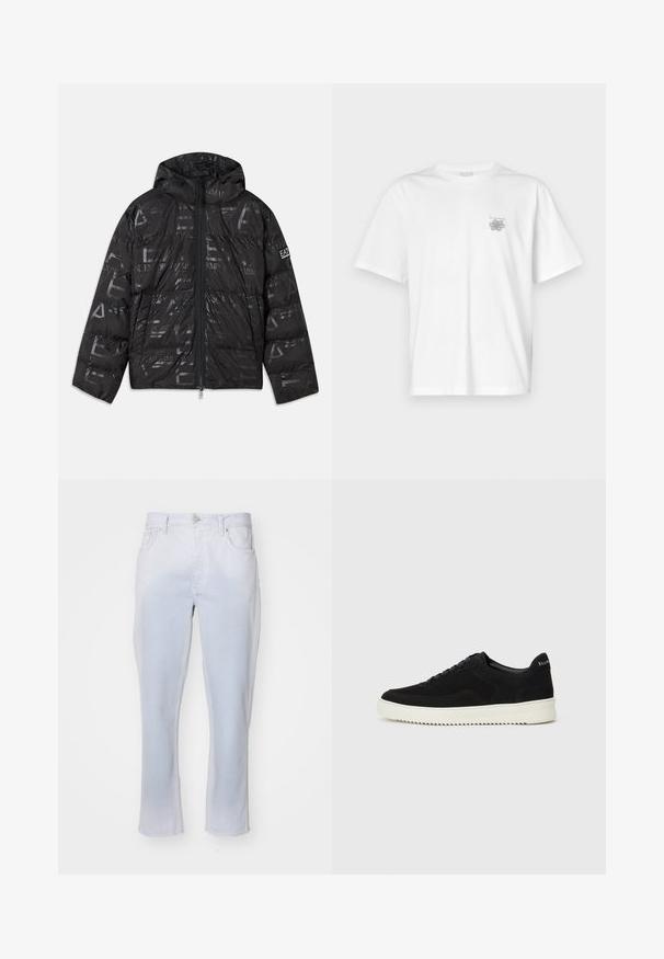 Black puffer jacket with a glossy, patterned finish. Features a front zipper, drawstring hood, and logo accents on the sleeve.; White t-shirt made of cotton featuring short sleeves, a crew neck, and a small gray logo on the left chest area. Smooth texture.; Light wash denim jeans featuring a straight leg cut, button and zipper front closure, and two side pockets with a soft texture.; Black suede sneaker with lace-up design and contrasting white rubber sole. Features textured side panels and subtle branding on the heel.