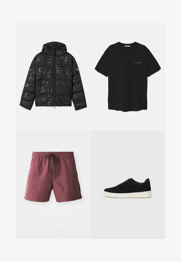 Musternäiline läikiv must konvektori jope. Omab eesmist tõmbluku, reguleeritavat kapuutsi ja logo elemente varrukal.; Must musta T-särk, ümar kaelus, lühikesed varrukad ja valge logo trükk vasakul rinnal. Lihtne, ühtlane värvitoon.; Burgundia ujumispüksid elastse vöökoht ja musta paelao. Omavad küljetaskuid ja siledat, kerget kangast.; Mustad suede jooksujalatsid, millel on paelad ja kontrastne valge kummitald. Omab tekstuuriga külgpaneele ja tagasihoidlikku brändimist kandadel.