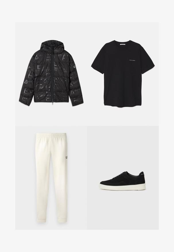 Black puffer jacket with a glossy, patterned finish. Features a front zipper, drawstring hood, and logo accents on the sleeve.; Black cotton T-shirt with a crew neck, short sleeves, and a white logo print on the left chest. Simple, solid color design.; White sweatpants with an elastic waistband, cuffed ankles, and a small black logo on the left side. Smooth cotton material.; Black suede sneaker with lace-up design and contrasting white rubber sole. Features textured side panels and subtle branding on the heel.