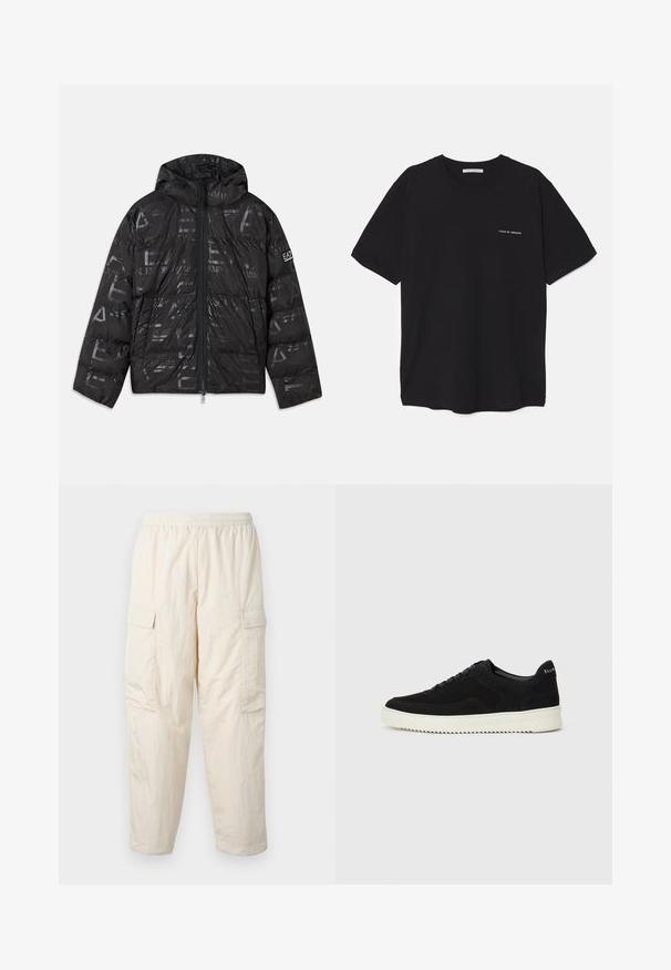 Juodas pūkinis švarkas su blizgiu, raštuotu paviršiumi. turi priekines užtrauktuką, reguliuojamą kapučą ir logotipo akcentus ant rankovės.; Juoda medvilninė marškinėlė su apykakle, trumpomis rankovėmis ir baltu logotipu kairėje krūtinės pusėje. Paprastas, vientisas spalvų dizainas.; Bežinės cargo kelnės su elastinga juosta, turinčios dvi šonines kišenes ir minkštą, lengvą medžiagą. Susiglamžiusi tekstūra.; Juodos veliūrinės sportinės bateliai su raištelių dizainu ir kontrastinga balta gumine padais. Yra tekstūruoti šoniniai skydeliai ir subtilus logotipas ant kulno.