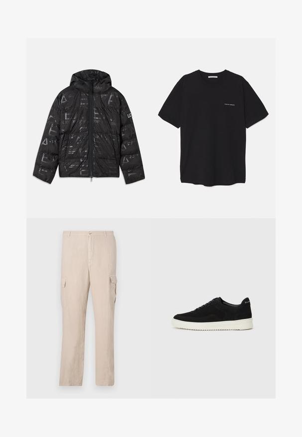 Musternäiline läikiv must konvektori jope. Omab eesmist tõmbluku, reguleeritavat kapuutsi ja logo elemente varrukal.; Must musta T-särk, ümar kaelus, lühikesed varrukad ja valge logo trükk vasakul rinnal. Lihtne, ühtlane värvitoon.; Beige linased cargo püksid, millel on kaks küljetaskut, ees nuppude sulgemine ja sirge jala disain, millel on sile tekstuur.; Mustad suede jooksujalatsid, millel on paelad ja kontrastne valge kummitald. Omab tekstuuriga külgpaneele ja tagasihoidlikku brändimist kandadel.