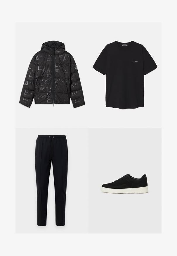 Melnā pūkainā jaka ar spīdīgu, rakstainu apdari. Aprīkota ar priekšējo rāvējslēdzēju, regulējamu kapuci un logotipu uz piedurknes.; Melnas kokvilnas T-krekls ar apaļu kaklu, īsām piedurknēm un baltu logotipa uzdruku kreisajā krūtī. Vienkāršs, vienkrāsains dizains.; Melnas treniņbikses, kas izgatavotas no mīksta, elastīga materiāla. Tām ir elastīga josta ar auklām un sašaurinātas kājas. Bez redzamām rakstu zīmēm.; Melnas zamšas kedas ar auklām un kontrastējošu baltu gumijas zoli. Iekļauj teksturētas sānu panēles un diskretu zīmolu uz papēža.