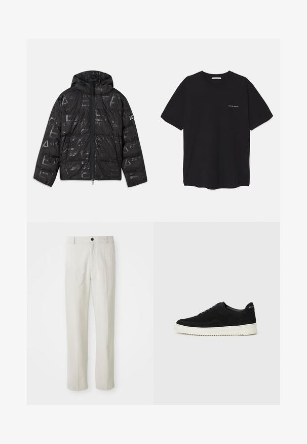 Chaqueta de plumas negra con un acabado brillante y con estampado. Cuenta con una cremallera frontal, capucha con cordón y detalles del logotipo en la manga.; Camiseta de algodón negra con cuello redondo, mangas cortas y un estampado de logo blanco en el lado izquierdo del pecho. Diseño simple y de color sólido.; Pantalones rectos beige con presillas para cinturón, botón frontal y cierre de cremallera, exhibidos en plano sobre un fondo blanco.; Zapatilla de ante negra con diseño de cordones y suela de goma blanca contrastante. Presenta paneles laterales texturizados y un sutil logo en el talón.