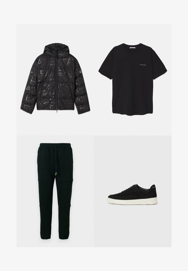 Fekete puffer kabát fényes, mintás felülettel. Elülső cipzárral, állítható kapucnival és logóval díszített ujjal rendelkezik.; Fekete pamut T-shirt kerek nyakkivágással, rövid ujjakkal, és fehér logónyomattal a bal mellrészen. Egyszerű, egyszínű dizájn.; Fekete, tapered szabású melegítőnadrág rugalmas mandzsettával, oldalsó zsebekkel, húzózsebes derékkal és térdnél varrási részletezéssel egy sima háttéren.; Fekete velúr sportcipő fűzős dizájnnal és kontrasztos fehér gumitalppal. Jellemzői a textúrázott oldalpanelek és a diszkrét logó a sarokon.