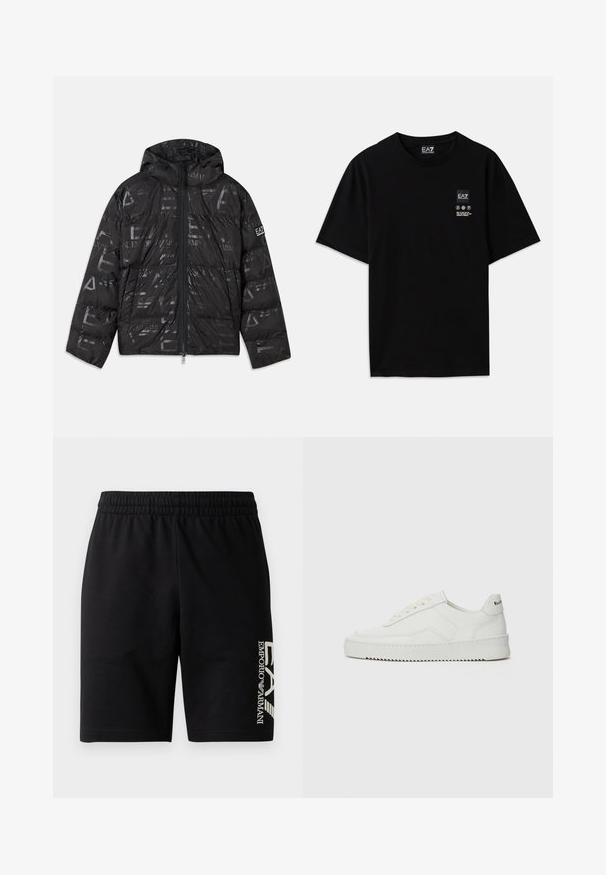 Svart jakke med pufferdesign og blank, mønstrete overflate. Har en frontglidelås, snøring på hetten og logo detaljer på ermet.; Svart bomulls t-skjorte med kort erm, rund hals og et lite logo-merke foran med pleiesymboler i hvitt.; EA7 Emporio Armani TRAIN VISIBILITY - Shorts - black/cream; Hvite lærersneakers med en jevn overflate, rund tå, flate lisser og en teksturert såle. Har en subtil logo på hælen.