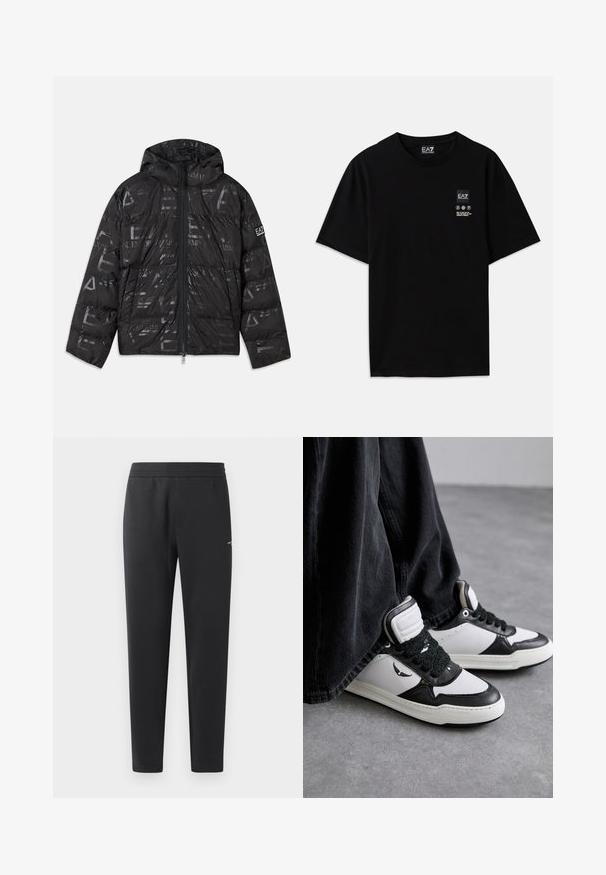 Čierna bunda s páperovým vzhľadom a lesklým, vzorovaným povrchom. Obsahuje predný zips, kapucňu so šnúrkou a logo akcenty na rukáve.; Čierne bavlnené tričko s krátkymi rukávmi, okrúhlym výstrihom a malou logom na prednej strane, ktorá obsahuje symboly starostlivosti v bielej farbe.; Čierne joggingové nohavice z mäkkej tkaniny, s elastickým pásom, rovnými nohavicami a malým logom na boku.; Čierno-biele vysoké tenisky so štruktúrovaným čiernym šnurovaním, vyrobené z kože a syntetického materiálu, s logom na boku.