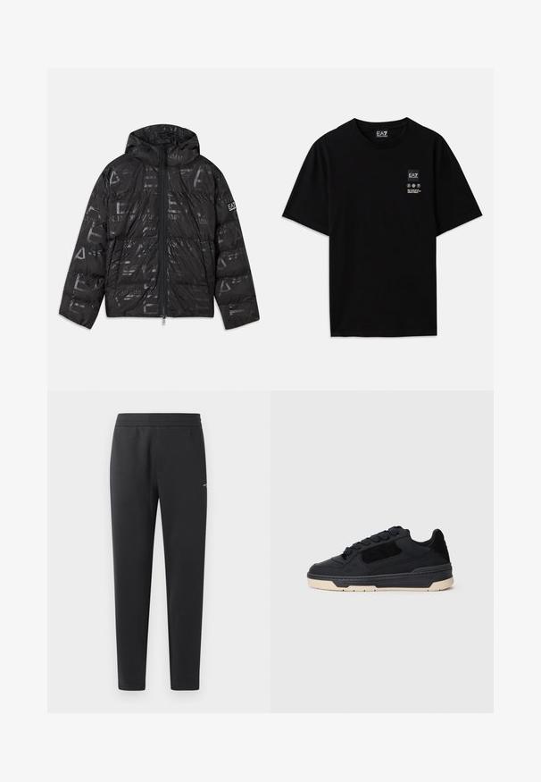 Juodas pūkinis švarkas su blizgiu, raštuotu paviršiumi. turi priekines užtrauktuką, reguliuojamą kapučą ir logotipo akcentus ant rankovės.; Juoda medvilnė t-shirt su trumpomis rankovėmis, apvalia iškirpte ir maža logotipo etiketė priekyje su baltomis priežiūros simbolių pictogramomis.; Juodos sportinės kelnės, pagamintos iš minkštos medžiagos, su elastinga juosmeniu, tiesiomis kojomis ir nedideliu logotipo akcentu šone.; Juodos žemos kreivumo sportinės bateliai su storu bežiniu padu, zomšos ir odos detalėmis, apvalūs juodi raišteliai, rodomi kairėje pusėje.