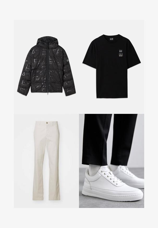 Juodas pūkinis švarkas su blizgiu, raštuotu paviršiumi. turi priekines užtrauktuką, reguliuojamą kapučą ir logotipo akcentus ant rankovės.; Juoda medvilnė t-shirt su trumpomis rankovėmis, apvalia iškirpte ir maža logotipo etiketė priekyje su baltomis priežiūros simbolių pictogramomis.; J.LINDEBERG LOIS CLOUD PANTS - Kelnės - moonbeam; Baltos odinės sportbačiai su plokščiu guminiu padu, pasižymintys lygiu paviršiumi, apvalia nosimi ir metaliniais anga užrišimui. Dėvimi su juodomis kelnėmis.