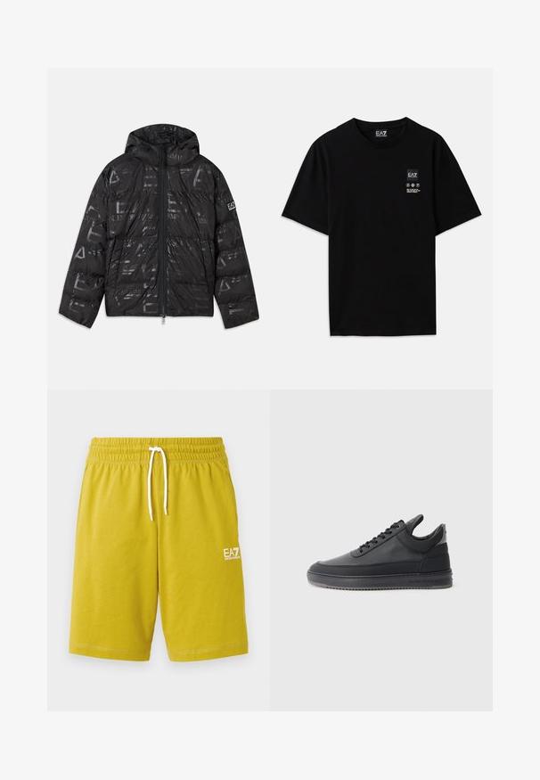 Melnā pūkainā jaka ar spīdīgu, rakstainu apdari. Aprīkota ar priekšējo rāvējslēdzēju, regulējamu kapuci un logotipu uz piedurknes.; Melnas kokvilnas T-krekls ar īsām piedurknēm, apaļo kakla izgriezumu un nelielu logotipa birku priekšpusē ar baltiem apzīmējumiem par kopšanu.; Dzeltieni šorti, kas izgatavoti no maiga auduma, ar elastīgu jostasvietu un baltu auklu, kā arī ar mazu baltu logo uz sāna.; Melnas ādas sporta kurpes ar teksturētu virsmu, ar saistēm, zema augstuma un pelēku gumijas zoli ar rievojumu malu.