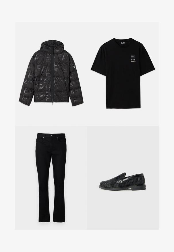 Melnā pūkainā jaka ar spīdīgu, rakstainu apdari. Aprīkota ar priekšējo rāvējslēdzēju, regulējamu kapuci un logotipu uz piedurknes.; Melnas kokvilnas T-krekls ar īsām piedurknēm, apaļo kakla izgriezumu un nelielu logotipa birku priekšpusē ar baltiem apzīmējumiem par kopšanu.; Melnas džinsus ar taisnu kāju griezumu, kas ir ar vidēju jostas augstumu, piecas kabatas un metāla aksesuāriem. Gluda tekstūra.; Melnas austas slaidu kurpes ar gludu ādas akcentu augšpusē, apaļas formas purngalu un zemas profila gumijas zoli.
