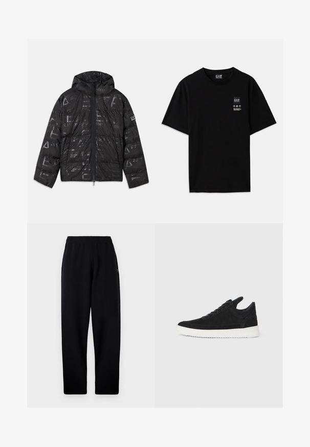 Svart puffjacka med en blank, mönstrad yta. Har en framsida med dragkedja, justerbar huva och logotypdetaljer på ärmen.; Svart bomullströja med korta ärmar, rund halsringning och en liten logotags på framsidan med vårdsymboler i vitt.; Svarta joggingsbyxor med elastisk midja, rak passform och en liten logotyp på vänster sida. Mjukt material och enkel konstruktion.; Svart mockaskor med en vit gummisula, som har ton-i-ton-sömmar och snörningsdesign. Slät textur med en modern, strömlinjeformad form.