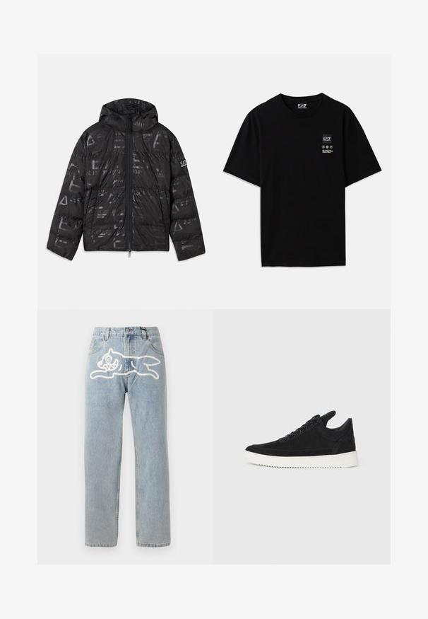 Juodas pūkinis švarkas su blizgiu, raštuotu paviršiumi. turi priekines užtrauktuką, reguliuojamą kapučą ir logotipo akcentus ant rankovės.; Juoda medvilnė t-shirt su trumpomis rankovėmis, apvalia iškirpte ir maža logotipo etiketė priekyje su baltomis priežiūros simbolių pictogramomis.; Šviesiai mėlyni džinsai su tiesiu kirpimu, su dideliu baltu katės piešiniu ant nugaros. Klasikinis penkių kišenių dizainas.; Juodų suede sportbačių su balta gumine padu, su toniniais siuvinėjimais ir raištelių užsegimu. Sklandus paviršius su šiuolaikine, laiko forma.