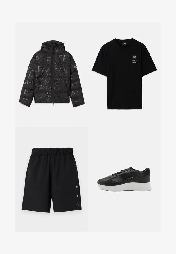 Mustat puffatakkia, jossa on kiiltävä, kuvioitu pinta. Varustettu vetoketjulla edessä, kiristettävällä hupulla ja logovärihtöillä hihaosassa.; Musta puuvillapaita lyhyillä hihoilla, pyöreällä kaula-aukolla ja edessä pieni logo, jossa on valkoisia hoito-ikoneita.; Mustat urheilusortsit, joissa on joustava vyötärö, sivutaskut ja diagonaalinen muotoilu, jossa valkoisilla kirjaimilla "EA7".; Mustat nahkasneakerit, joissa on mokkanahkaosia, pyöreä kärki, valkoinen kumipohja ja ommeltu yksityiskohtaisuus. Logo painettuna sivulle. Klassinen nauhakiinnitys.