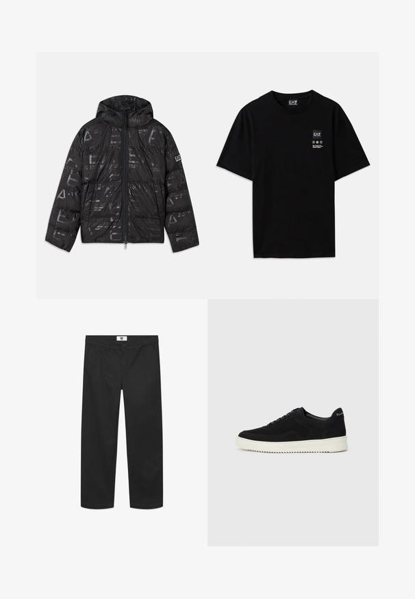 Črna napihnjena jakna z sijočim, vzorčastim zaključkom. Ima sprednji zadrgo, kapuco s vrvico in logotipne detajle na rokavu.; Črna bombažna majica s kratkimi rokavi, okroglim izrezom in majhnim logotipom spredaj, ki vključuje simbole za nego v beli barvi.; Črne chinos hlače, izdelane iz gladkega bombažnega blaga. Imajo zaponko na gumb, sprednje žepe in ravno obliko nogavic s čistimi robovi.; Črni semiš teniški copati z vezalkami in kontrastnim belim gumijastim podplatom. Imajo teksturirane stranske panele in subtilno oznako na peti.