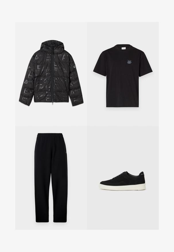 Svart jakke med pufferdesign og blank, mønstrete overflate. Har en frontglidelås, snøring på hetten og logo detaljer på ermet.; Svart bomulls T-skjorte med rund hals og korte ermer. Har en liten blå logo på venstre bryst. Enkel, rettskåret design.; Svart joggebukse med elastisk liv, rett ben-design og en liten logo på venstre side. Mykt materiale og enkel konstruksjon.; Svart semsket sneakers med snøring og kontrasterende hvit gummisåle. Har teksturerte sidepaneler og subtil merkevare på hælen.