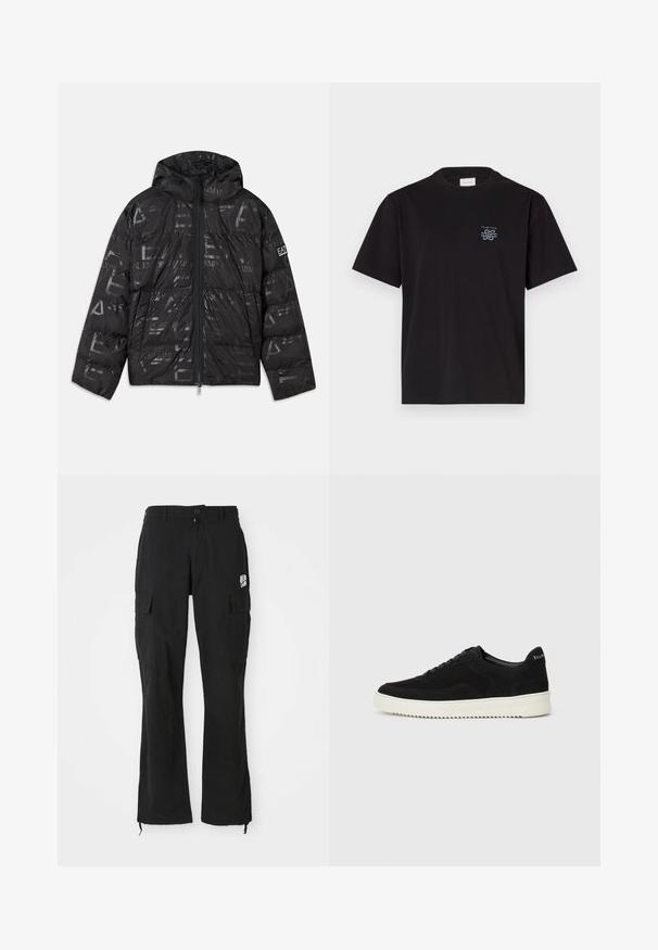 Casaco puffer preto com um acabamento brilhante e estampado. Apresenta um fecho frontal, capuz com cordão e detalhes de logótipo na manga.; T-shirt de algodão preto com gola redonda e mangas curtas. Apresenta um pequeno logotipo azul no lado esquerdo do peito. Design simples e reto.; Calças cargo retas pretas com fecho de botão, bolsos laterais com aba e pequeno logótipo branco na coxa direita.; Sapatilhas de camurça pretas com design de atacadores e sola de borracha branca em contraste. Apresenta painéis laterais texturizados e uma marcação discreta no calcanhar.
