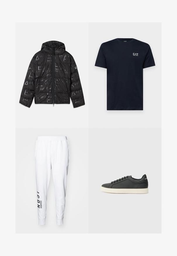 Casaco puffer preto com um acabamento brilhante e estampado. Apresenta um fecho frontal, capuz com cordão e detalhes de logótipo na manga.; Camiseta de algodão azul marinho com mangas curtas, gola redonda e um pequeno logótipo branco bordado no lado esquerdo do peito. Textura suave.; Calças de treino brancas feitas de algodão macio. Apresentam uma perna afunilada, cintura elástica, bolsos laterais e um logo impresso "ICON DSQUARED2" na lateral.; Sapatilha de couro preto com perfil baixo, bico arredondado e fecho de atacadores; apresenta uma sola de borracha texturizada e detalhe do logotipo no calcanhar.