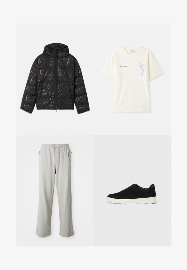 Casaco puffer preto com um acabamento brilhante e estampado. Apresenta um fecho frontal, capuz com cordão e detalhes de logótipo na manga.; T-shirt de algodão branca com mangas curtas, apresentando o texto "United By Rhythm" em gráfico preto e azul no peito. Design de gola redonda.; Calças de moletom cinzentas feitas de um tecido suave, com cintura elástica ajustável, bolsos laterais e um logótipo impresso na perna esquerda.; Sapatilhas de camurça pretas com design de atacadores e sola de borracha branca em contraste. Apresenta painéis laterais texturizados e uma marcação discreta no calcanhar.