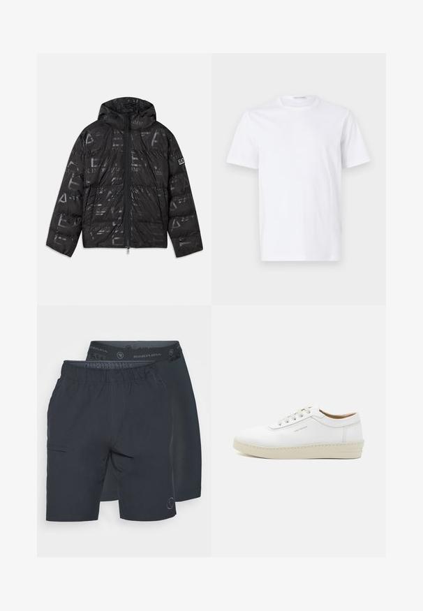 Crna jakna od puha s sjajnim, uzorkovanim završetkom. Ima prednji patentni zatvarač, kapuljaču sakožicom i logo detalje na rukavu.; Bijela pamučna majica s okruglim izrezom i kratkim rukavima. Glatka tekstura, ravni kroj i minimalistički dizajn bez uzoraka ili akcenta.; Dva para tamno plavih šortseva jedan pored drugog. Jedni imaju elastični pojas s logotipima, dok drugi imaju džep sa strane.; Bijele kožne tenisice s teksturiranim finishom, okruglim vrhom, bež gumiranim potplatom i šest sivih rupica za vezice, koje imaju suptilni branding sa strane.