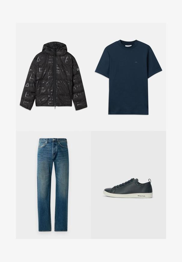 Svart jakke med pufferdesign og blank, mønstrete overflate. Har en frontglidelås, snøring på hetten og logo detaljer på ermet.; Mørkeblå bomull t-skjorte med rund hals, korte ermer og en subtil logo trykket på brystet. Jevn tekstur og klassisk passform.; Blå denimjeans med en rett ben-design, som har fem lommer, subtil falming og kontrasterende søm detaljer.; Mørk marineblå lærersneaker med glatt finish, rund tå, seks Øyelet snøring og kontrasterende hvit gummisåle. Har merkevare på siden.