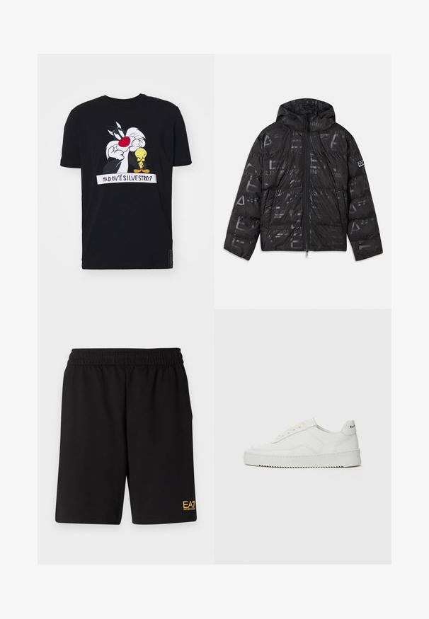 Sort puffer-jakke med en glansfuld, mønstret overflade. Har en forrest lynlås, snor i hætten og logo detaljer på ærmet.; Sort bomulds t-shirt med et grafisk print af Sylvester og Tweety med en taleboble, afslappet pasform og korte ærmer.; Sorte atletiske shorts lavet af blødt stof, med en elastisk talje og et lille gult EA7-logo nederst på venstre ben.; Hvide lædersneakers med en glat overflade, rund tå, flade snørebånd og en tekstureret sål. Har et diskret logo på hælen.