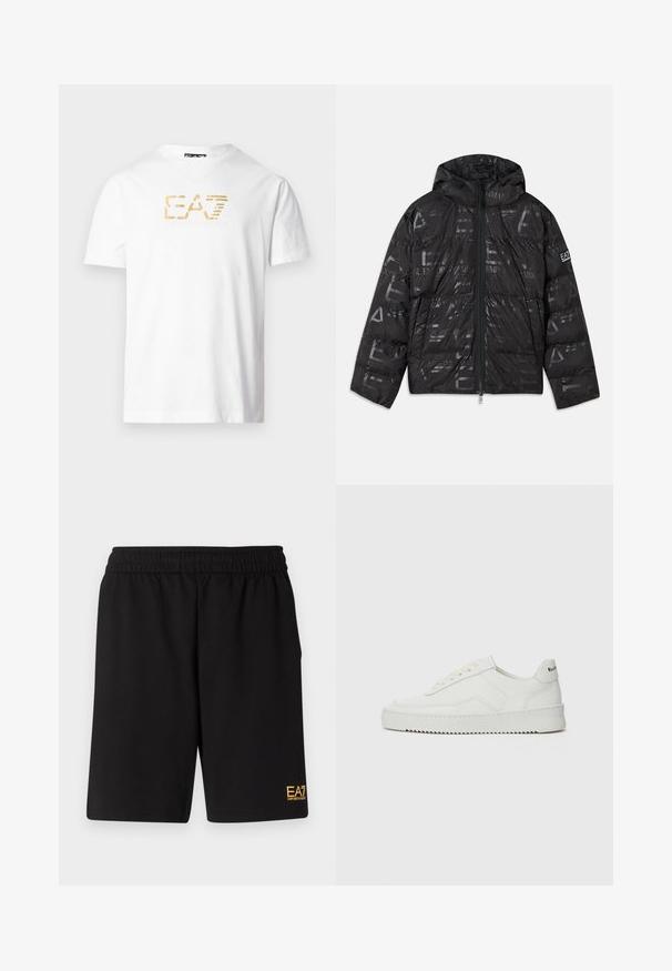 Juodas pūkinis švarkas su blizgiu, raštuotu paviršiumi. turi priekines užtrauktuką, reguliuojamą kapučą ir logotipo akcentus ant rankovės.; Baltas medvilninis marškinėlis su V formos iškirpte. Ant krūtinės yra auksinis E.A.7 logotipas, spausdintas taip, kad sukurtų tekstūruotą vaizdinį efektą.; Juoda sportinė šortai, pagaminti iš minkštos medžiagos, su elastingu diržu ir maža geltona EA7 logo apatinėje kairėje kojoje.; Balti odiniai sportiniai bateliai su lygia apdaila, apvaliu pirštu, plokščiais raišteliais ir tekstūruotu padu. Pasižymi subtiliu logotipu ant kulno.