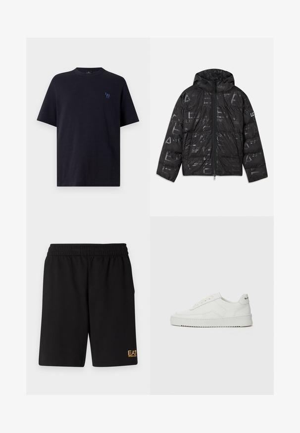 Sort puffer-jakke med en glansfuld, mønstret overflade. Har en forrest lynlås, snor i hætten og logo detaljer på ærmet.; Marineblå bomulds t-shirt med rund hals og korte ærmer. Har et lille blåt broderet hestelogo på venstre bryst.; Sorte atletiske shorts lavet af blødt stof, med en elastisk talje og et lille gult EA7-logo nederst på venstre ben.; Hvide lædersneakers med en glat overflade, rund tå, flade snørebånd og en tekstureret sål. Har et diskret logo på hælen.
