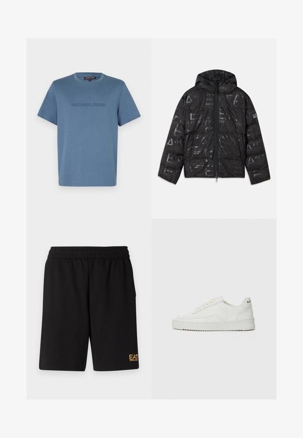 Fekete puffer kabát fényes, mintás felülettel. Elülső cipzárral, állítható kapucnival és logóval díszített ujjal rendelkezik.; Világoskék pamut póló, kerek nyakkal és rövid ujjakkal, amelyen elöl, az azonos árnyalatban "MICHAEL KORS" felirat van domborítva.; Fekete sportnadrág puha anyagból, rugalmas derékkal és egy kis sárga EA7 logóval a bal alsó lábszáron.; Fehér bőr sportcipő sima felülettel, kerek orral, lapos fűzőkkel és texturált talppal. Finom logó található a sarokon.