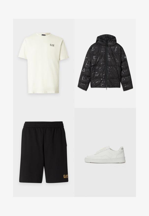 Czarna puchowa kurtka o błyszczącym, wzorzystym wykończeniu. Posiada suwak z przodu, kaptur ze sznurkiem oraz akcenty z logo na rękawie.; Jasnobeżowa koszulka z krótkim rękawem wykonana z bawełny. Na piersi znajduje się małe czarne logo EA7. Klasyczny krój z okrągłym dekoltem.; Czarne sportowe szorty wykonane z miękkiego materiału, z elastycznym paskiem w talii oraz małym, żółtym logo EA7 na dolnej lewej nodze.; Białe skórzane sneakersy o gładkim wykończeniu, okrągłym nosku, płaskich sznurówkach i teksturowanej podeszwie. Charakteryzują się delikatnym logo na pięcie.