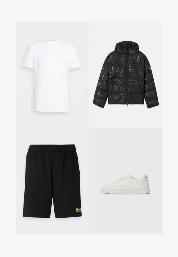 Zwarte pufferjack met een glanzende, geprinte afwerking. Voorzien van een ritssluiting aan de voorkant, een capuchon met trekkoord en logo-accenten op de mouw.; Witte katoenen t-shirt met een klassieke ronde hals, korte mouwen en een soepele textuur; geen patronen of zichtbare logo's.; Zwarte sportshorts van zacht materiaal, met een elastische tailleband en een klein geel EA7-logo op de onderste linkeronderbroek.; Witte leren sneaker met een gladde afwerking, ronde neus, platte veters en een gestructureerde zool. Kenmerkt zich door een subtiel logo op de hiel.