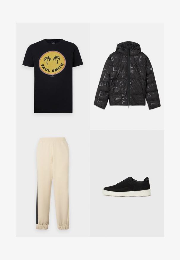 Svart jakke med pufferdesign og blank, mønstrete overflate. Har en frontglidelås, snøring på hetten og logo detaljer på ermet.; Svart bomull t-skjorte med en gul sirkulær grafikk med palmer og "PAUL SMITH" tekst i fete, kontrasterende farger. Korte ermer.; Kremfargede joggebukser med svarte sidehåndtak, elastisk midje og ribbede mansjetter. Mykt stoff med en avslappet passform.; Svart semsket sneakers med snøring og kontrasterende hvit gummisåle. Har teksturerte sidepaneler og subtil merkevare på hælen.