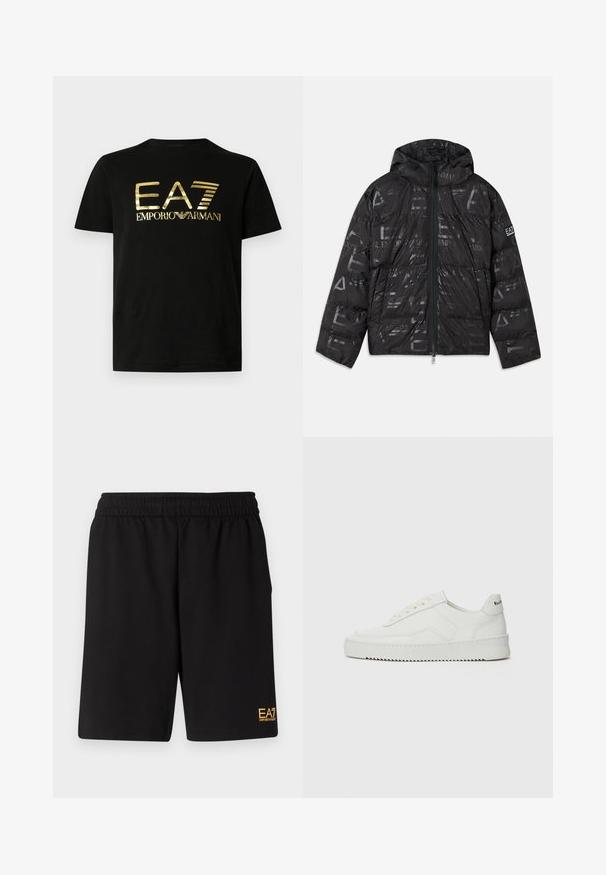 Černá péřová bunda s lesklým, vzorovaným povrchem. Obsahuje přední zip, kapuci se stahovací šňůrou a logové detaily na rukávu.; Černé bavlněné tričko s lesklým zlatým potiskem "EA7" a "emporio armani" na přední straně v tučném, moderním písmu. Krátké rukávy.; Černé sportovní šortky vyrobené z měkké látky, s elastickým pasem a malým žlutým logem EA7 na dolní části levé nohy.; Bílé kožené tenisky s hladkým povrchem, kulatou špičkou, plochými tkaničkami a texturovanou podrážkou. Na patě se nachází nenápadné logo.