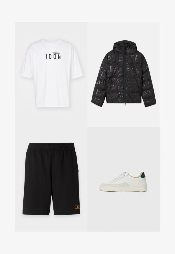 Musternäiline läikiv must konvektori jope. Omab eesmist tõmbluku, reguleeritavat kapuutsi ja logo elemente varrukal.; Valge puuvillane T-särk, millel on ümmargune kaelus ja lühikesed varrukad, ees must "ICON" graafika ja "DSQUARED2" tekst.; Mustad mustad lühikesed püksid, mis on valmistatud pehmest kangast. Omavad elastset vöökohta ja väikest kollast EA7 logo vasakul jalal.; Valged tennisjalanõud, millel on sametised aktsendid, ümar varvas, lame nöörid ja kreemjas kummine põhja. Hästi nähtav roheline bränding kannal.