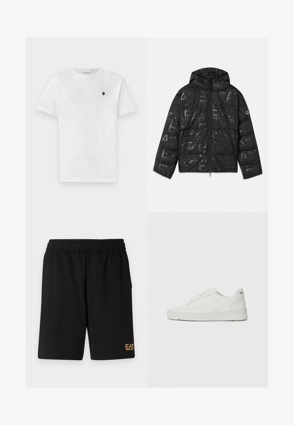 Crna jakna od puha s sjajnim, uzorkovanim završetkom. Ima prednji patentni zatvarač, kapuljaču sakožicom i logo detalje na rukavu.; Bijela pamučna majica kratkih rukava s okruglim izrezom i malim crnim logom na lijevoj strani prsnog koša. Glatka tekstura, klasičan kroj.; Crne atletske kratke hlače od mekanog materijala, s elastičnim pojasom i malim žutim EA7 logotipom na donjoj lijevoj nozi.; Bijele kožne tenisice s glatkom površinom, okruglim vrhom, ravnim vezicama i teksturiranom potplatom. Imaju suptilan logo na peti.