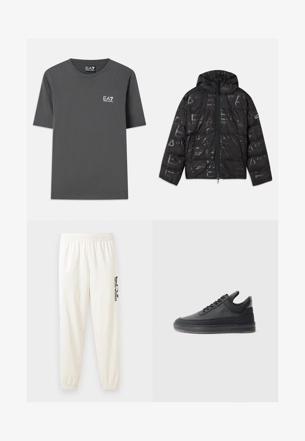 Svart jakke med pufferdesign og blank, mønstrete overflate. Har en frontglidelås, snøring på hetten og logo detaljer på ermet.; Grå kortermet T-skjorte laget av bomull. Har rund hals og en liten hvit EA7-logo på brystet. Flat nederkant.; Lys beige joggebukser med elastisk midjebånd og elastiske mansjetter. Har en svart trykt logo på venstre ben. Myk stoffkvalitet.; svarte lær sneakers med en teksturert overflate, snøring, lav topp, og en grå gummi såle med en ribbet kant.