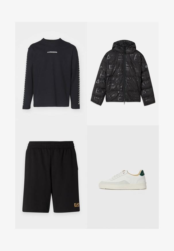 Svart jakke med pufferdesign og blank, mønstrete overflate. Har en frontglidelås, snøring på hetten og logo detaljer på ermet.; Langermet svart T-skjorte laget av bomull, med rund hals og J.Lindeberg-logo på brystet, samt rutete mønster på ermene.; Sorte treningsshorts laget av mykt stoff, med elastisk midje og en liten gul EA7-logo nederst på venstre ben.; Hvit sneakers med semsket detaljer, rund tå, flate snøringer og en kremfarget gummisåle. Har grønn merking på hælen.