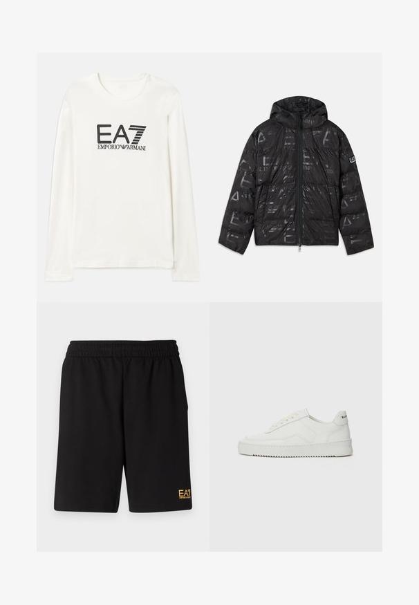 Casaco puffer preto com um acabamento brilhante e estampado. Apresenta um fecho frontal, capuz com cordão e detalhes de logótipo na manga.; T-shirt de algodão de manga longa em creme com texto do logótipo EA7 Emporio Armani em preto. Decote redondo e ajuste padrão com bainha reta. Textura suave.; Calções desportivos pretos feitos de um tecido suave, com um cós elástico e um pequeno logótipo amarelo EA7 na parte inferior da perna esquerda.; Sapatilha de couro branco com acabamento suave, bico redondo, atacadores planos e uma sola texturizada. Apresenta um logotipo discreto no calcanhar.