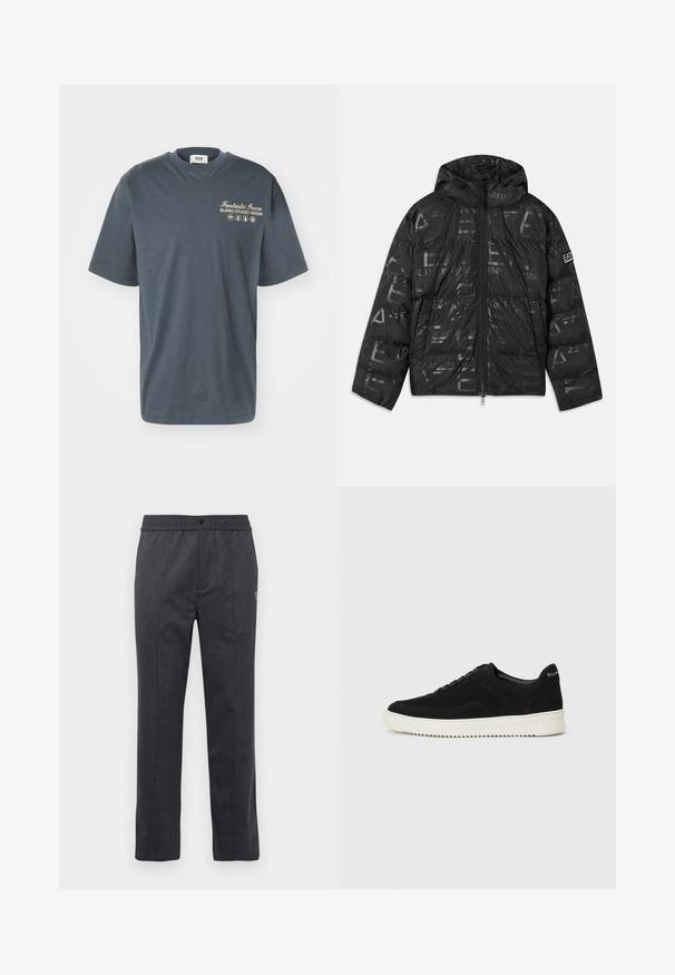Casaco puffer preto com um acabamento brilhante e estampado. Apresenta um fecho frontal, capuz com cordão e detalhes de logótipo na manga.; MSGM T-shirt estampada - grey; Calças retas cinza-escuras com cintura elástica, fecho frontal com botão e detalhe bordado subtil do lado direito.; Sapatilhas de camurça pretas com design de atacadores e sola de borracha branca em contraste. Apresenta painéis laterais texturizados e uma marcação discreta no calcanhar.